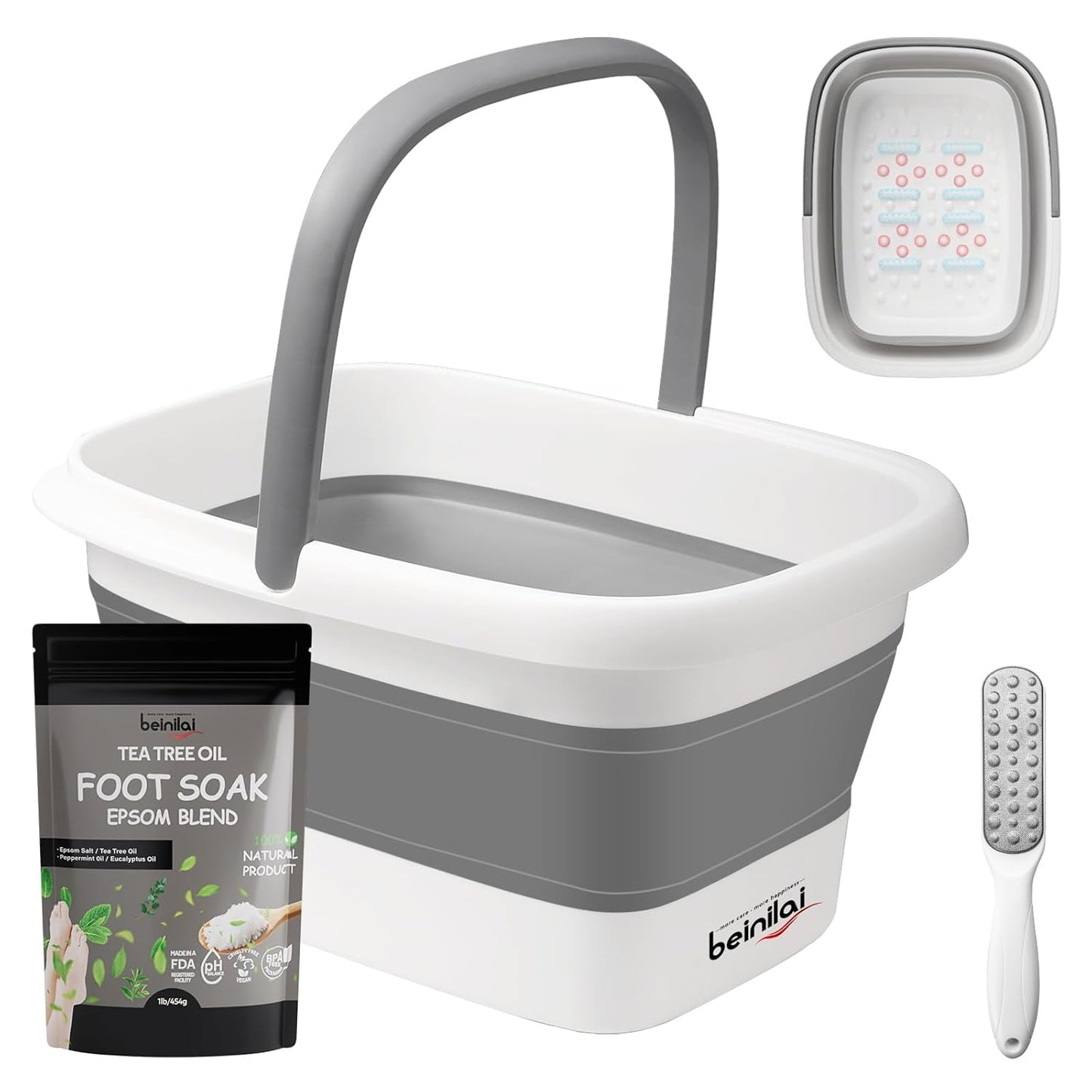 Collapsible Foot Bath Basin - Soaking Tub with Handles & Acupoint Massage | Foldable Plastic Bucket - Gray