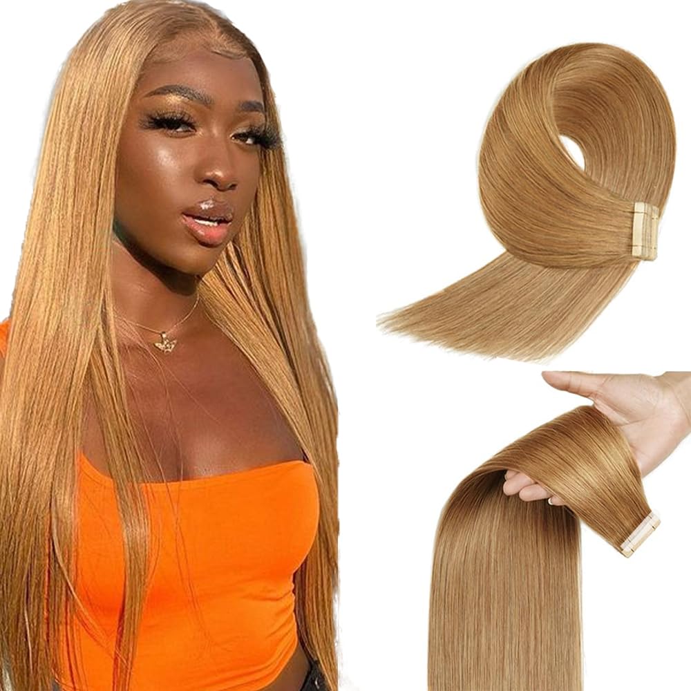 HuxoWax 20 Inch Tape In Human Hair Extensions #27 Honey Blonde Doubles Weft Invisible Straight Human Hair Tape In Extensions #27 Blonde Weave 10 Packs Total 40g