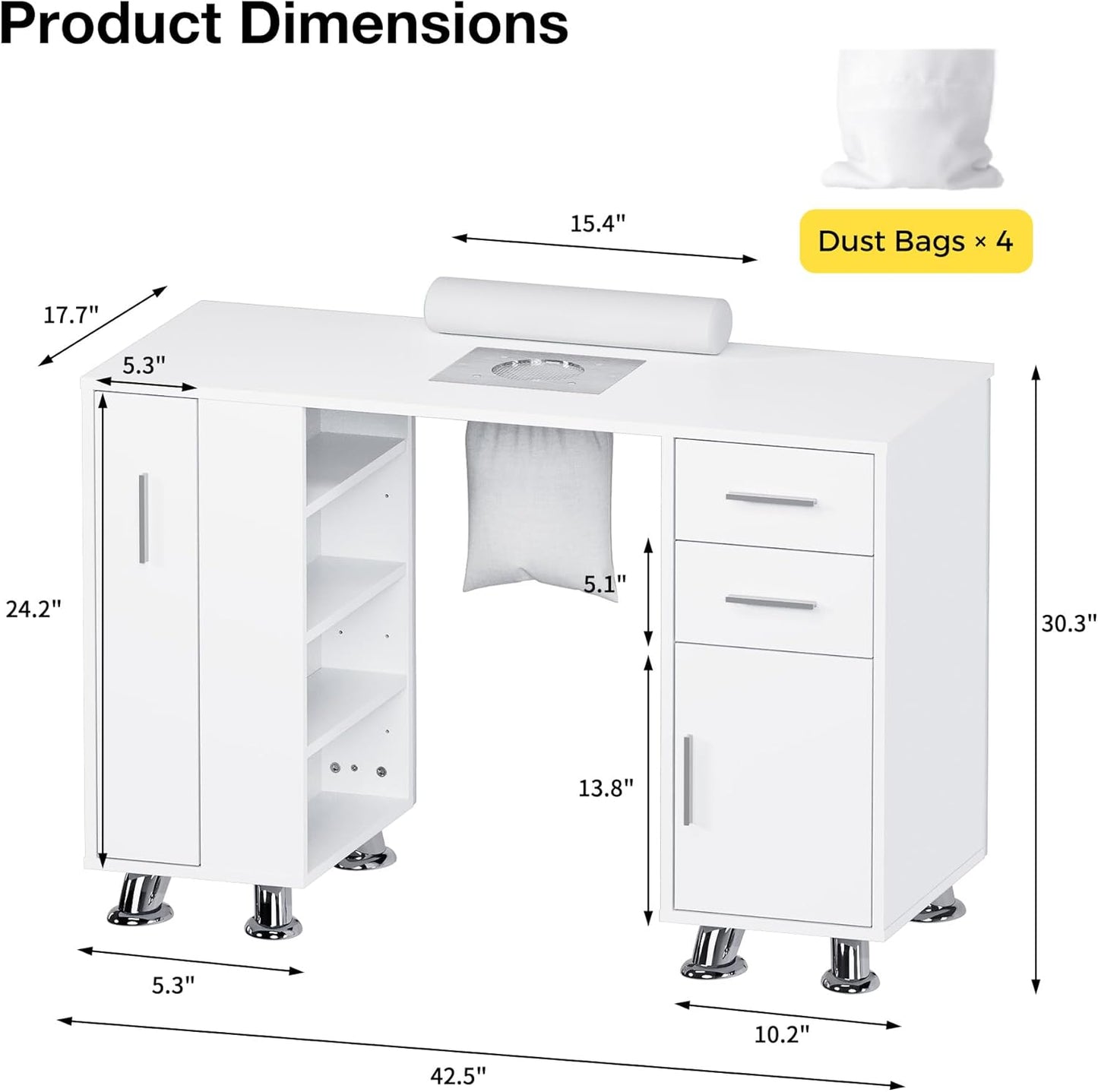 Manicure Table - Nail Desk with Dust Collector & Wrist Rest | Acetone Resistant Workstation with Drawers & White Leather Pad