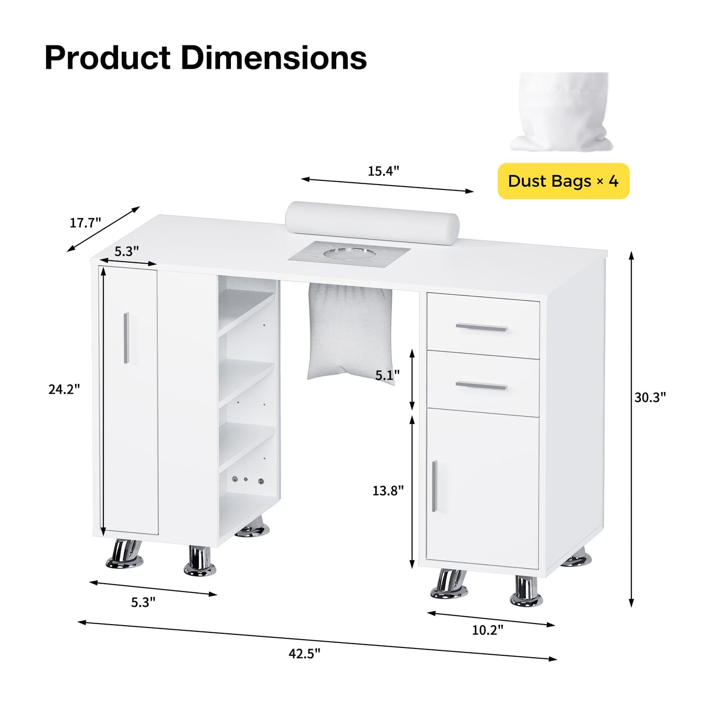 Kikihouse Manicure Table, Nail Desk w/Dust Collector & Wrist Rest, Nail Salon Station Acetone Resistant Workstation w/Drawers, Cabinet, White Leather Pad with Diamonds