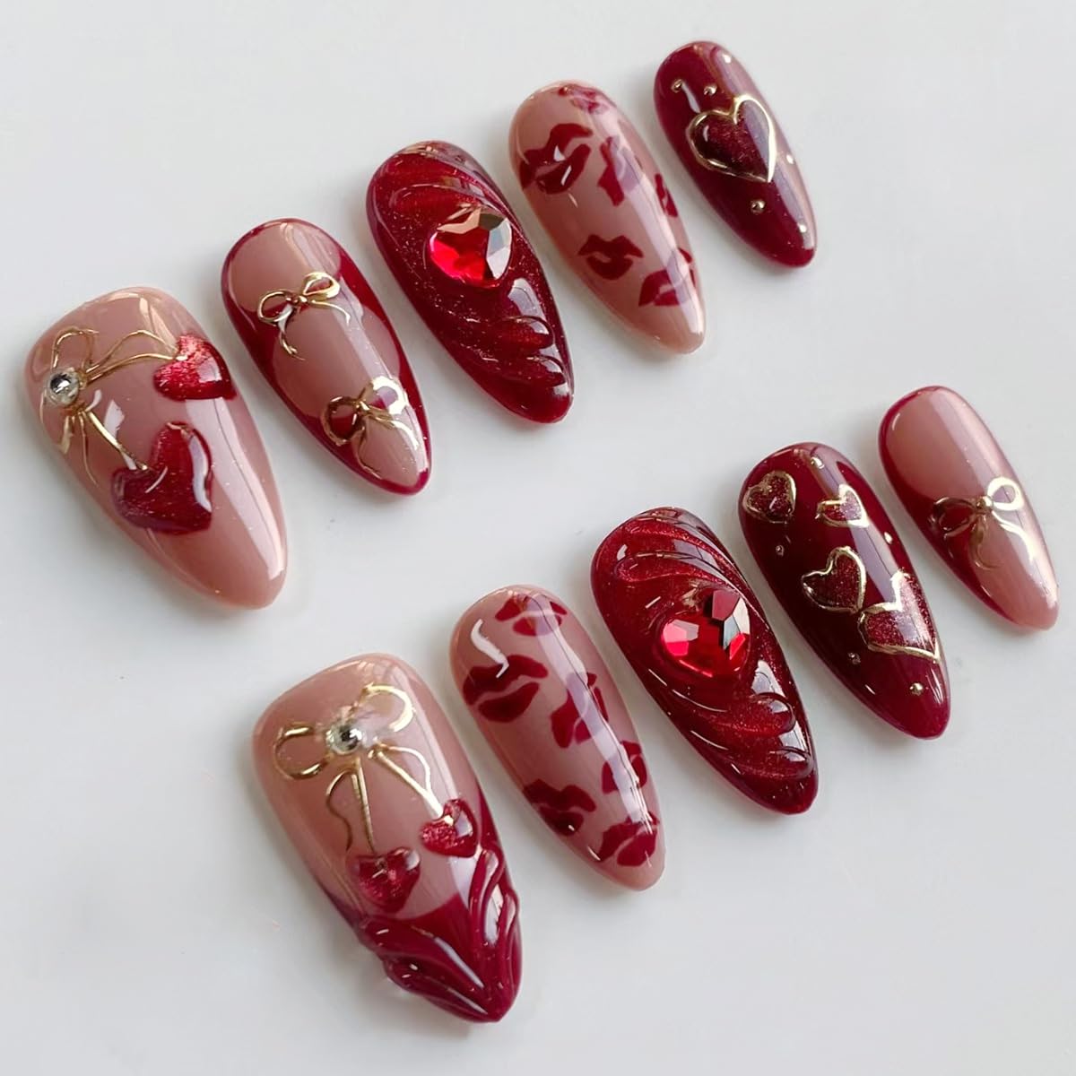 Flower Press-On Nails - 10 Pcs Short Almond Style with Gold Shell & Starfish Rhinestones | Reusable Cute Handmade Acrylic Nails for Women & Girls