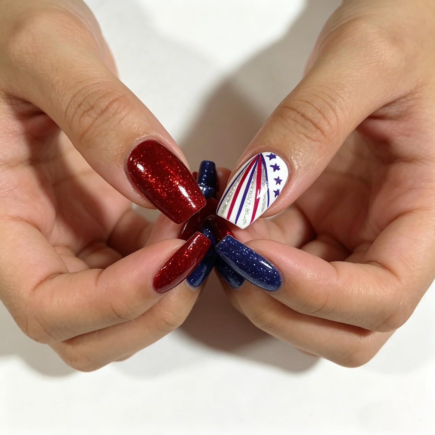 24Pcs 4th of July Press-On Nails - Medium Square Red, Blue & White Glitter Designs | Reusable Patriotic Acrylic Nails for Women