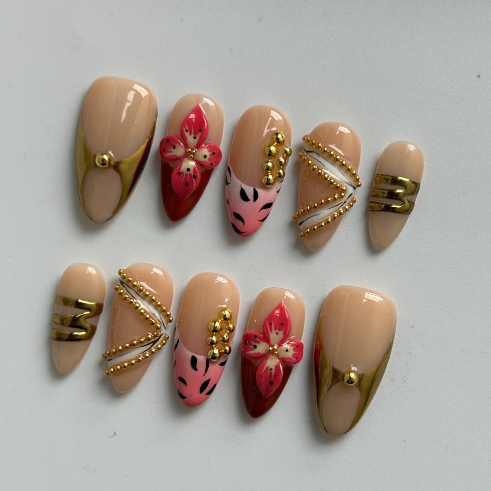 Press On Almond Nails - Handmade 3D Design, Thick Acrylic Gel | Reusable DIY Artificial Nails for Women (10 Pieces)