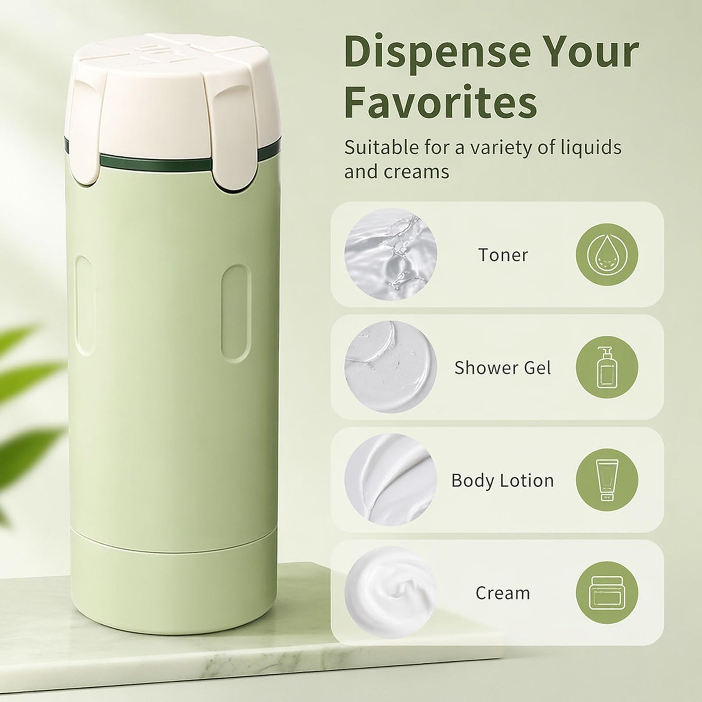 4 in 1 Travel Dispenser, Travel Dispenser Bottle, Leakproof Toiletry Bottles with Stickers, for Shampoo, Lotion, Conditioner and Cream, Ideal for Business Trips, Gym and Camping (Green)