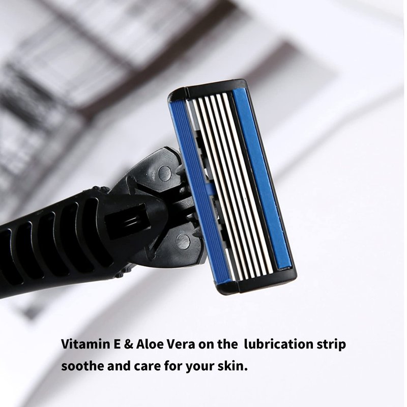 6-Blade Razor,Plastic Anti-slip Men Manual Refill Cartridges razors, Reusable Face Cleansing Care Tool, 24 pcs refill cartridges, Shave Supplies for Men and Women - Black
