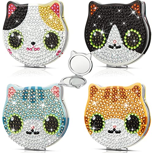 4 Pcs DIY Diamond Painting Compact Mirror Set - Cat Design Pocket Mirror