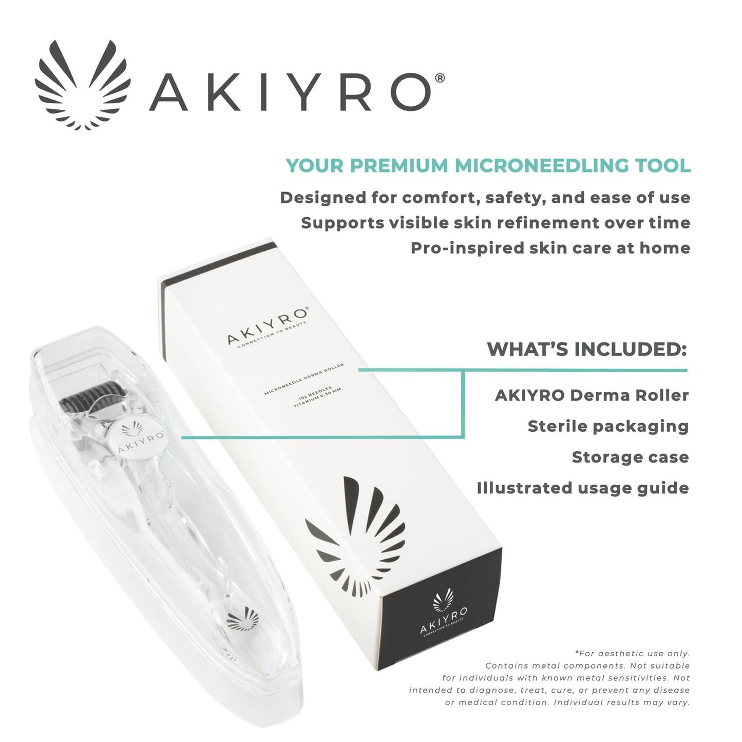 AKIYRO Derma Roller Titanium - 0.30mm Microderm Roller - Microneedle Roller with Case - Personal Use Microneedling Roller -192 Micro Needle Dermal Roller - At Home Microdermabrasion Face Roller