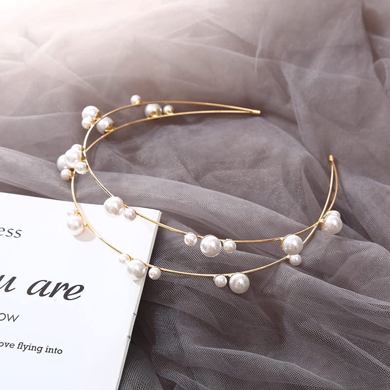 Gold Double Layer Pearl Beaded Headbands Bridal Hair Accessories for Women & Girls