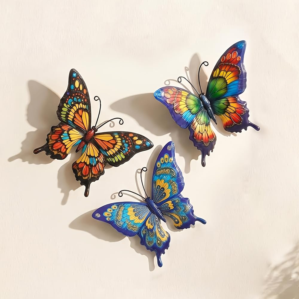 3Pcs 3D Metal Butterfly Wall Decor, Outdoor & Indoor Wall Art, Garden Patio Yard Balcony Fence Decorations, Wrought Iron Butterfly Sculpture, Hanging Metal Wall Art for Porch Living Room Bedroom