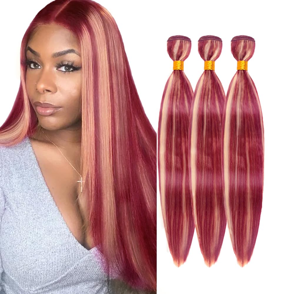 Highlight Straight Bundles 99J Bundles Human Hair 18 20 22 Inch Unprocessed Brazilian Virgin Ombre Bundles 2 Tone Burgundy Mixed With 613 Blonde Bundles Hair Weave 300g