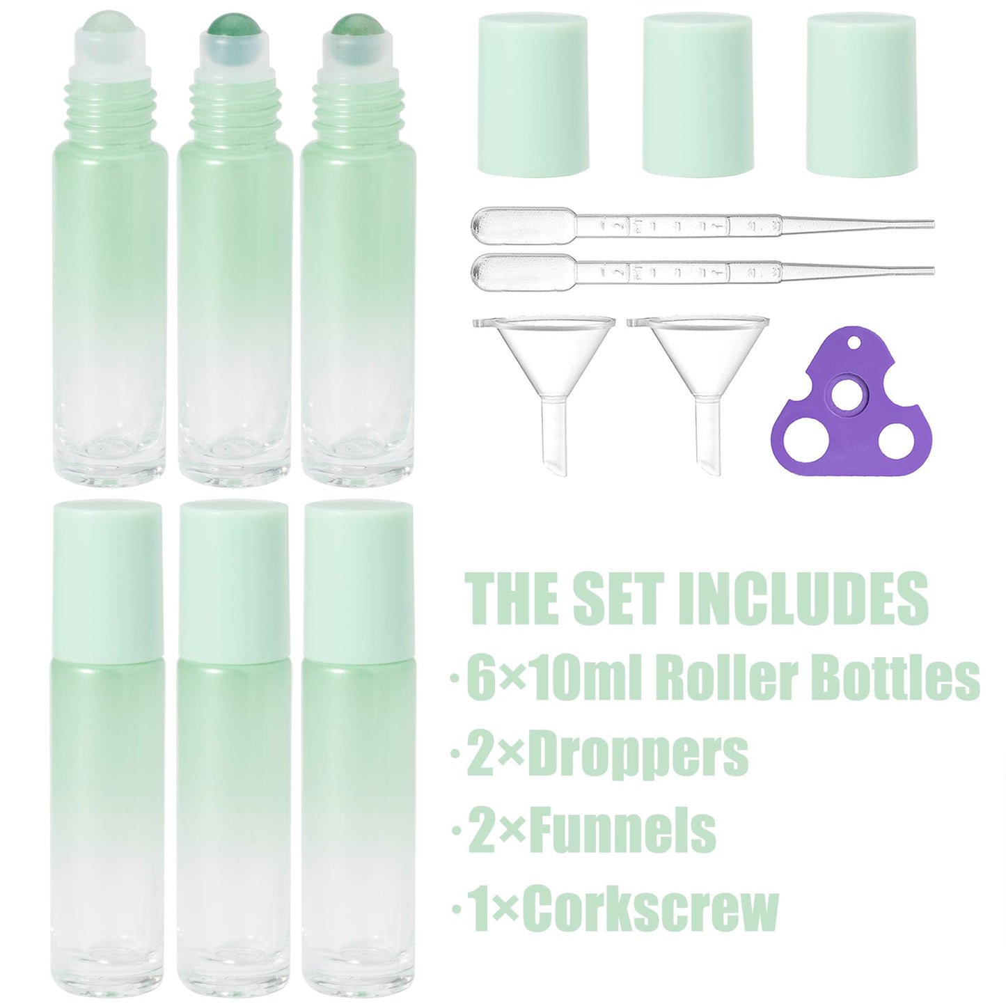 CUQIG 6 Pack 10ml Green Quartz Roller Bottles for Essential Oils