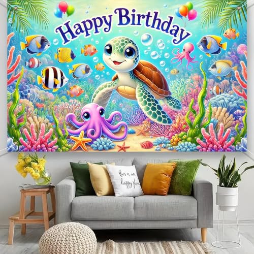 BlissYard Turtle Birthday Banner - Ocean Theme Backdrop 71x43 Inches