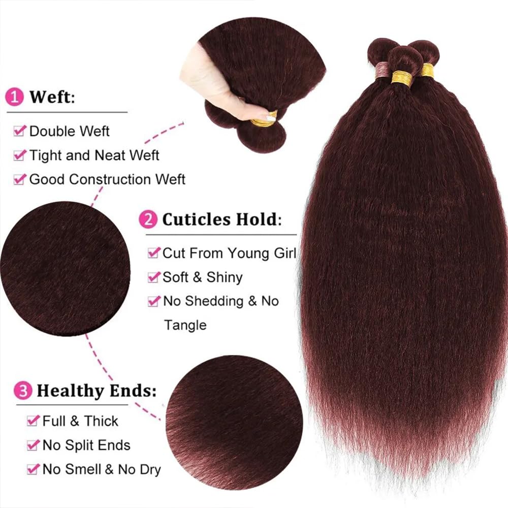 Color 33 Copper Red Kinky Straight Bundles Human Hair Reddish Brown Yaki Straight Bundles Double Weft Brazilian Virgin Reddish Brown Human Hair Extensions Silky and Soft for Black Women 10 12 14 inch