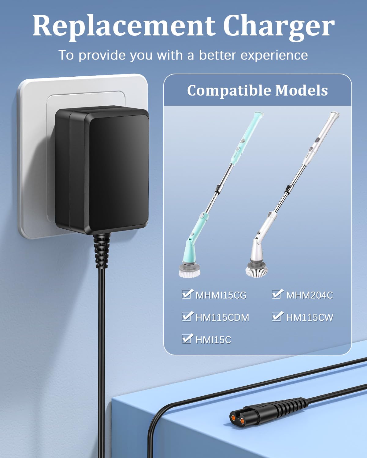 I IBACASE 9V 1A Charger Compatible with Homitt Electric Spin Scrubber HM115C, HM115CW and More, 2 Prong AC Power Adapter with 5.9FT Charging Cable
