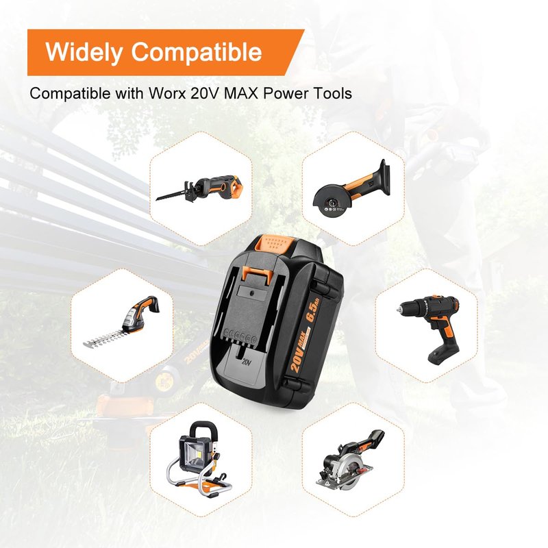 Ahomtikk 20V 6.5Ah High-Capacity Battery Replacement for Worx Battery 20V PowerShare WA3578 WA3674 WA3575 WA3525 WA3520 WG155s WG251s WG890 WG891 Compatible with Worx 20 Volt Cordless Tools (2 Pack)