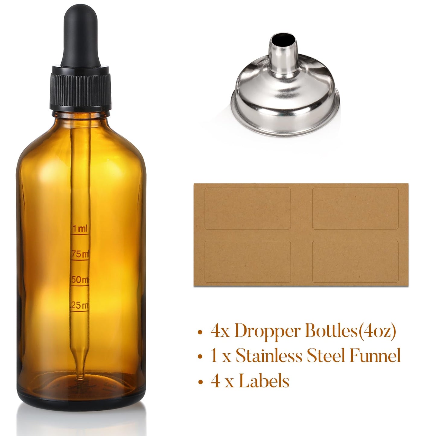 4 oz Dark Amber Glass Dropper Bottles with Measured Dropper, 4 Pack- 120ml Thick Tincture Bottle with Measurement Eye Droppers, Leakproof Essential Oils Bottle for Health, Personal Care & Beauty