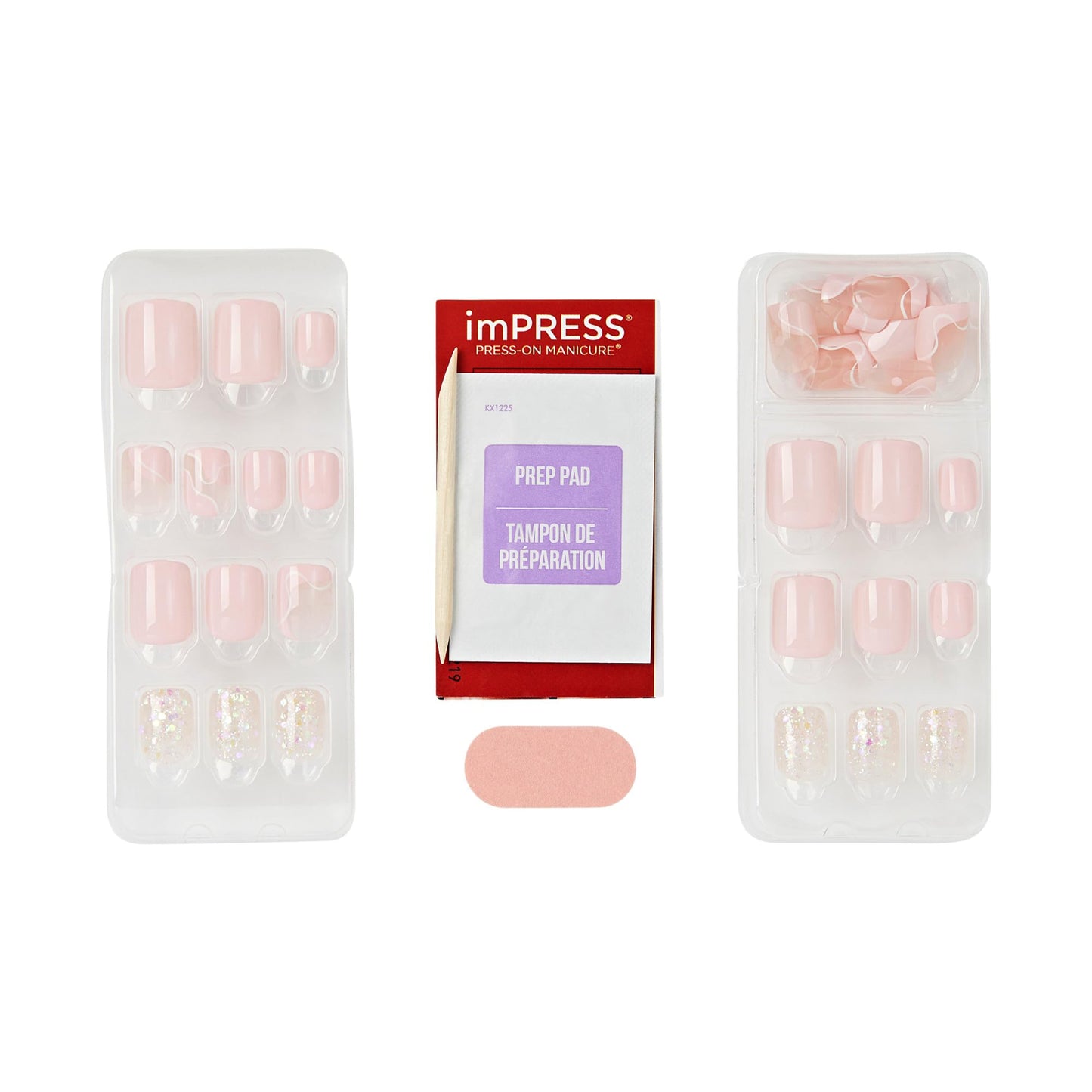 Kiss Impress No Glue Mani Press On Nails, Design, 'This Feeling', Pink, Petite Size, Squoval Shape, Includes 30 Nails, Prep Pad, Instructions Sheet, 1 Manicure Stick, 1 Mini File