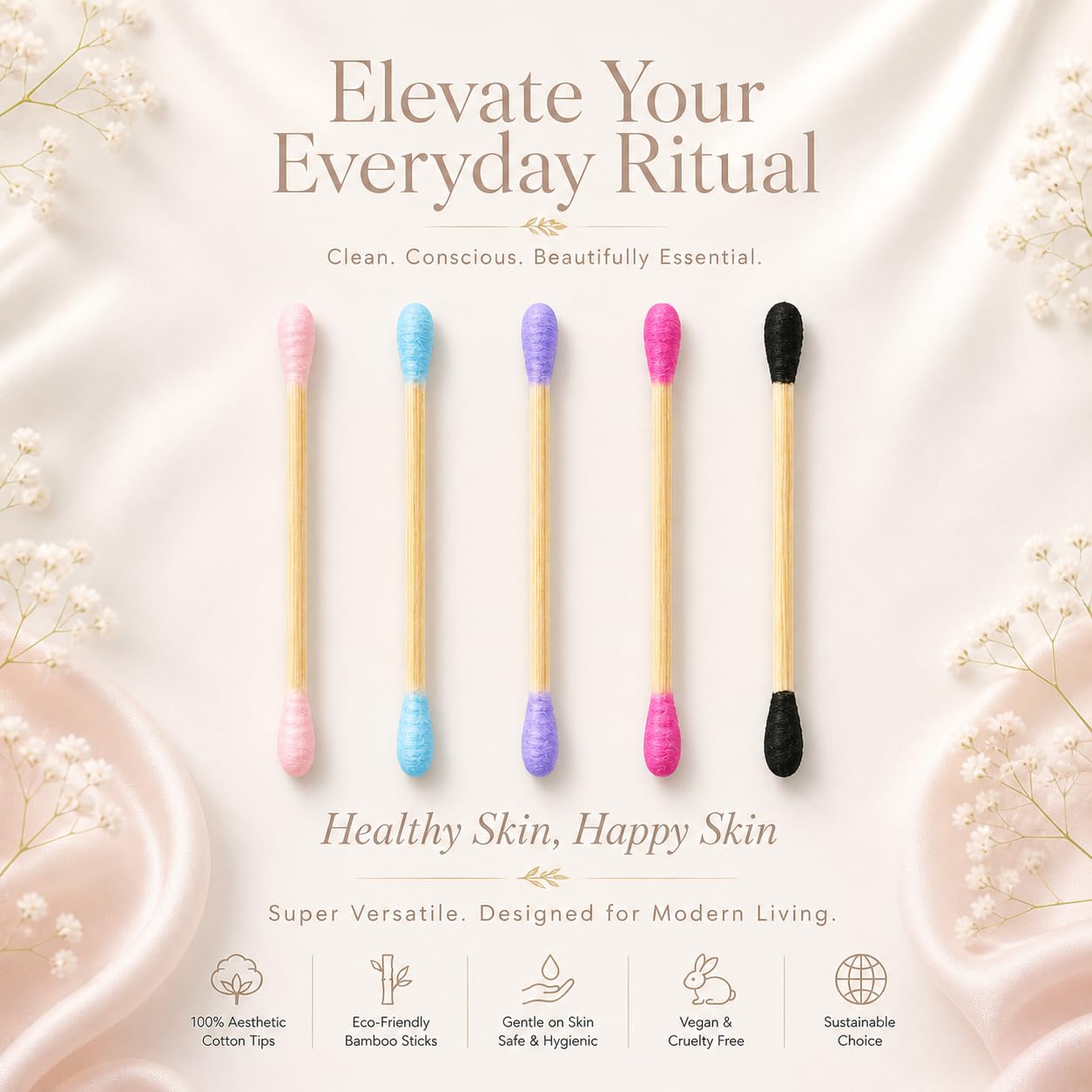 RS ESSENTIAL'S BY LV: Aesthetic Cotton Swabs Sticks Ear Swabs Bamboo swabs 200 Count Cotton Buds In 5 Colorful Colors (Blue)