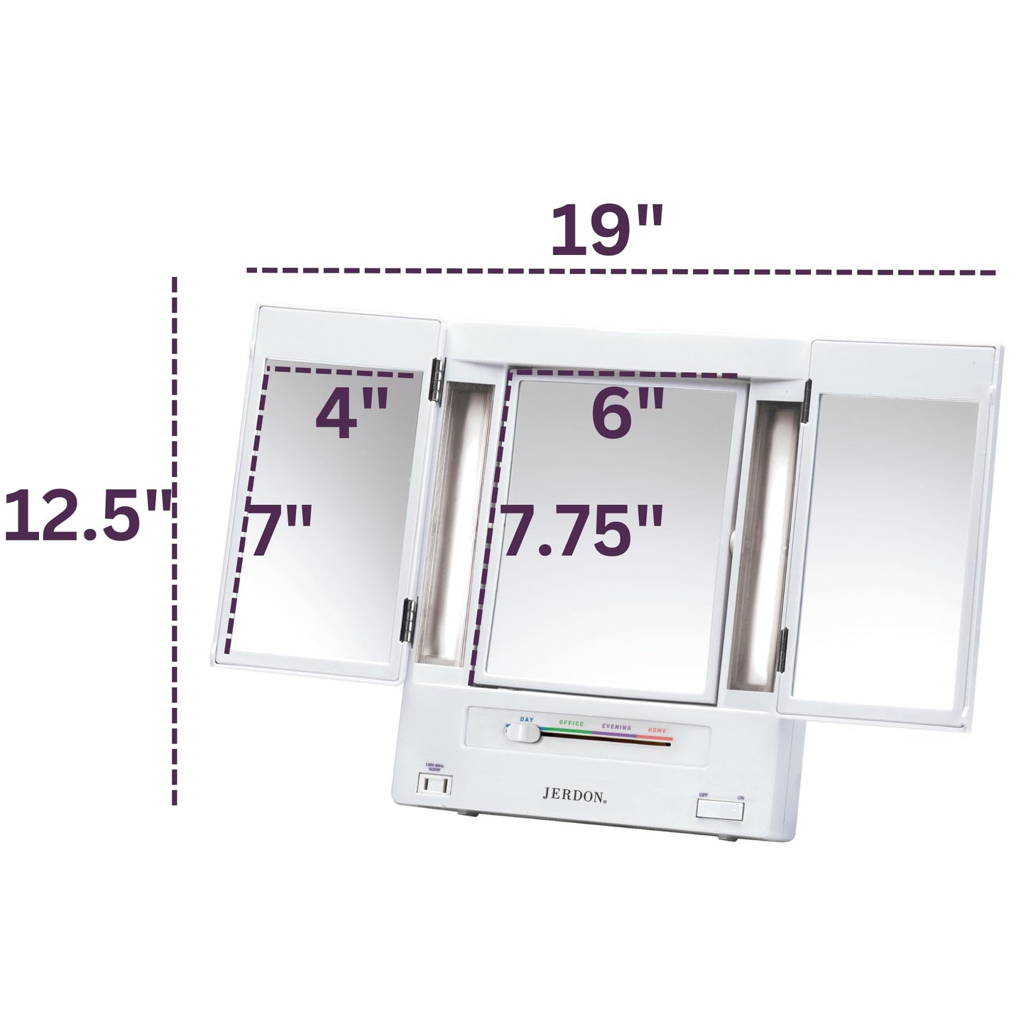 JERDON Tri-Fold Two-Sided Makeup Mirror with Lights - Vanity Mirror with 5X Magnification & Multiple Light Settings - White Base - Model JGL9W