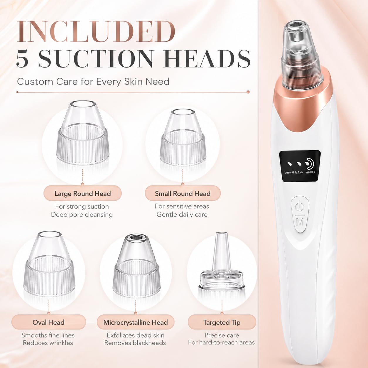 Pore Vacuum - Rechargeable Blackhead Remover with 5 Suction Heads | Adjustable Suction Levels & Stainless Steel Tools - At-Home Skincare Kit