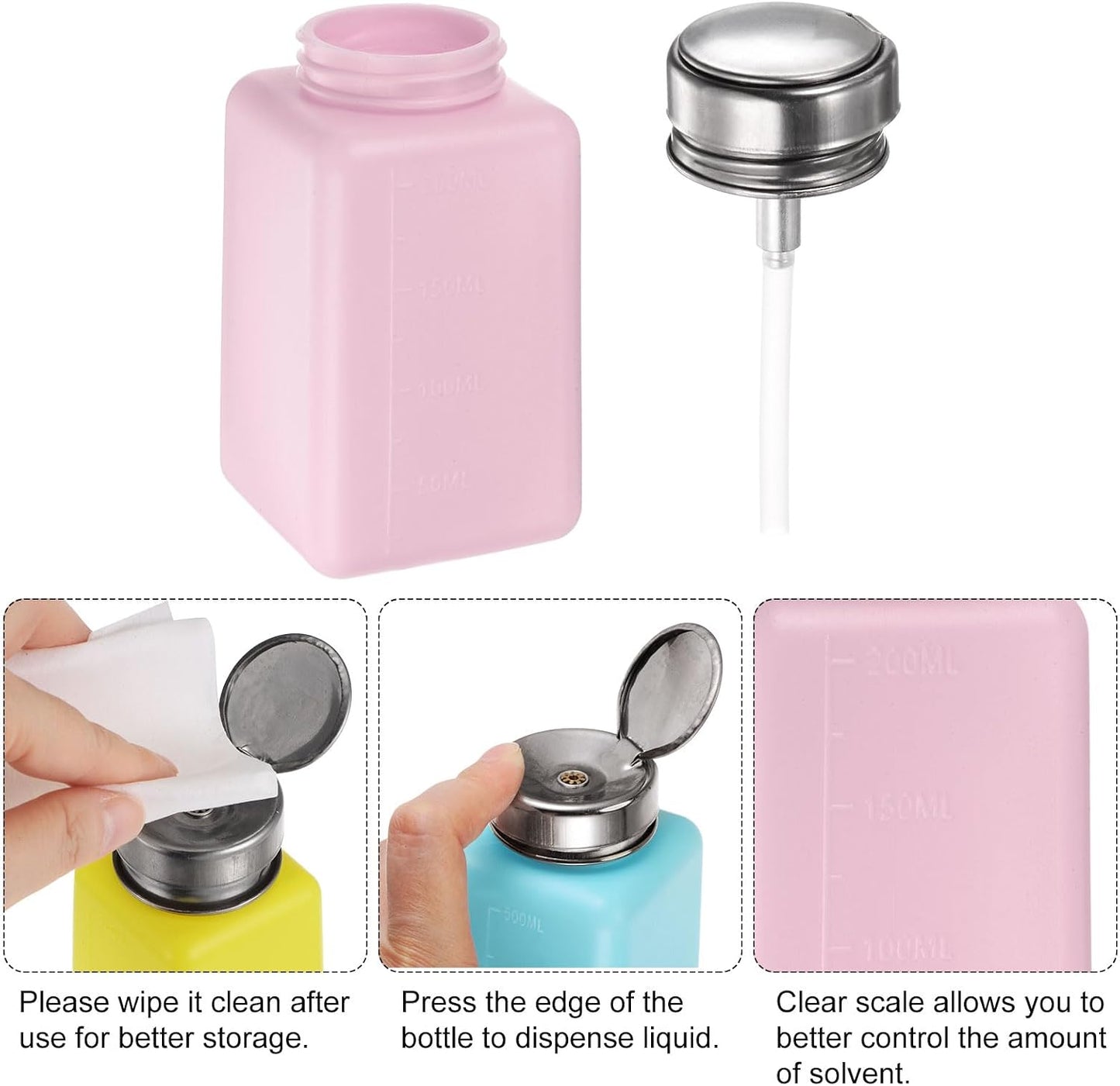 Harfington Alcohol Dispenser Pump Bottles - 200ml Push Down Liquid Dispenser with Sealing Stainless Steel Lid | Pink