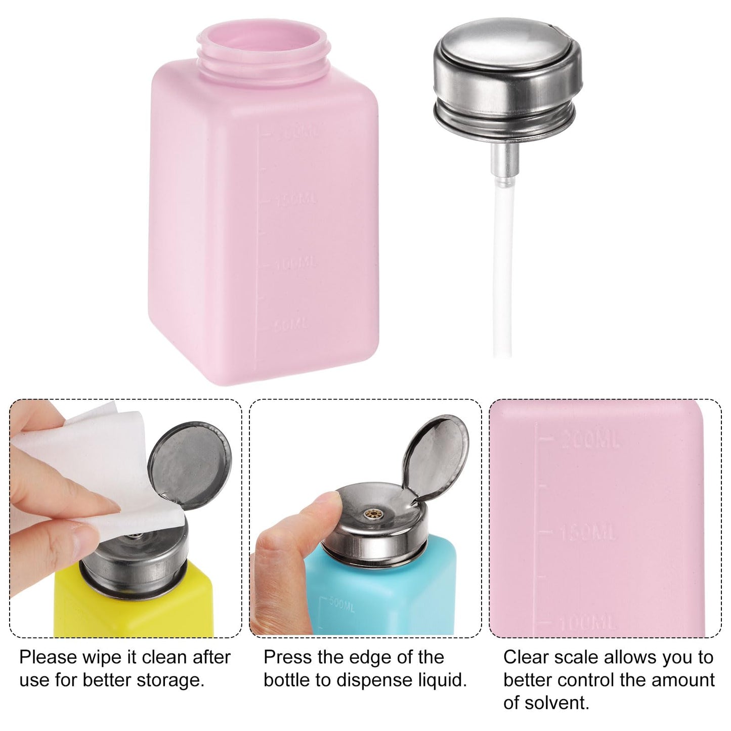 HARFINGTON 2pcs Solvent Alcohol Dispensers 200ml(6.8oz) Push Down Liquid Dispenser Pump Bottle with Sealing Stainless Steel Lid for Acetone Cleanser Polish Remover, Pink
