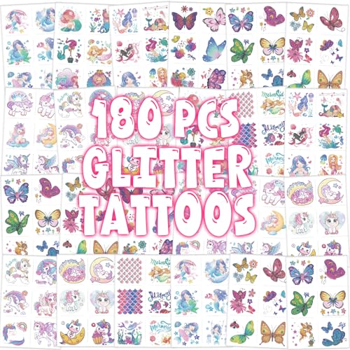 Glitter Temporary Tattoos for Kids - 180 Mermaid & Unicorn Designs