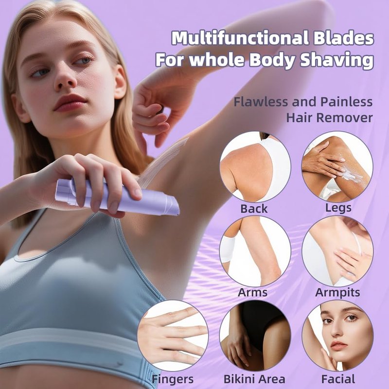2 in 1 Women's Electric Shaver, Dual Head Bikini Hair Trimmer, IPX6 Waterproof, Wet & Dry, Bikini Underarm Leg Arm Body Facial Epilator, (Purple)