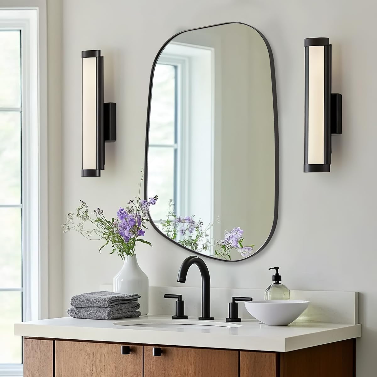 Chrome Asymmetrical Wall Mirror - Unique 24"x32" Irregular Design with SUS304 Stainless Steel Frame for Bathroom, Bedroom, Entryway