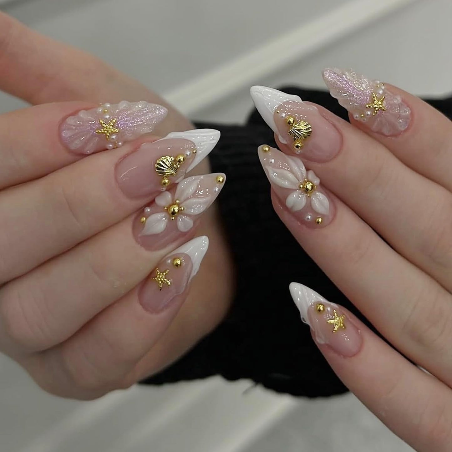 Almond French Tip Press on Nails Medium Fake Nails Glossy Nude Pink Stick on Nails with 3D Gold Balls Starfish Shell Charms Design White French Tip False Nails Flower Acrylic Nails for Women 24 Pcs