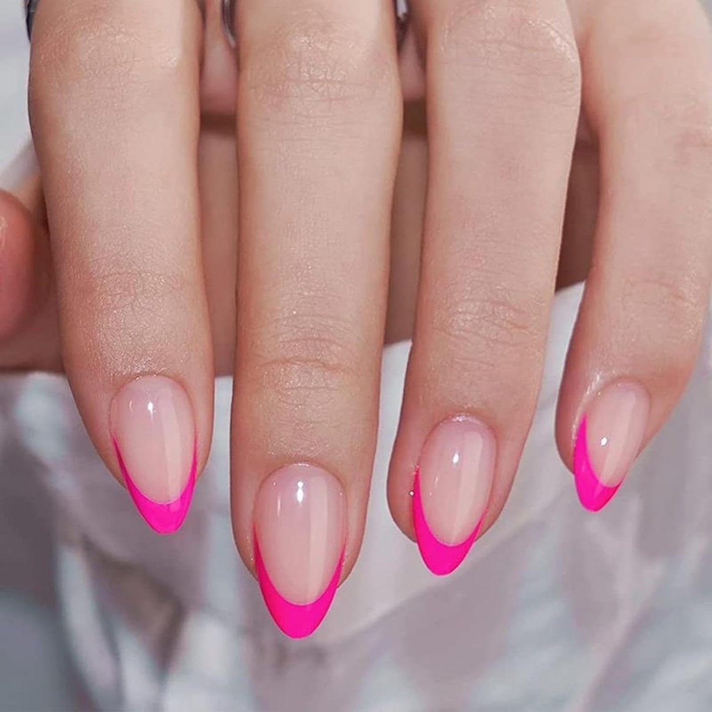 Press On Nails - French Tip Design with Rhinestones | Medium Almond Glossy Full Cover - 24 Pcs