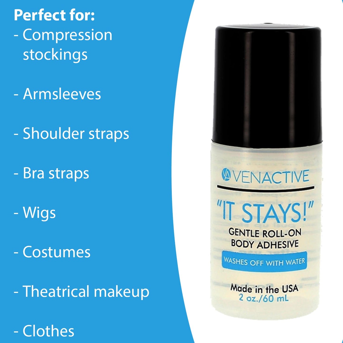 Body Adhesive Roll-On Glue - 2oz Clear Odorless Hypoallergenic for Stockings, Wigs & Costumes