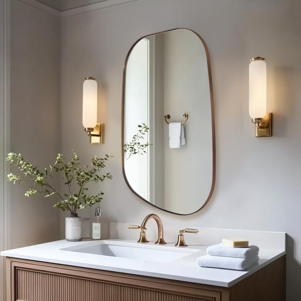 Chrome Asymmetrical Wall Mirror - Unique 24"x32" Irregular Design with SUS304 Stainless Steel Frame for Bathroom, Bedroom, Entryway