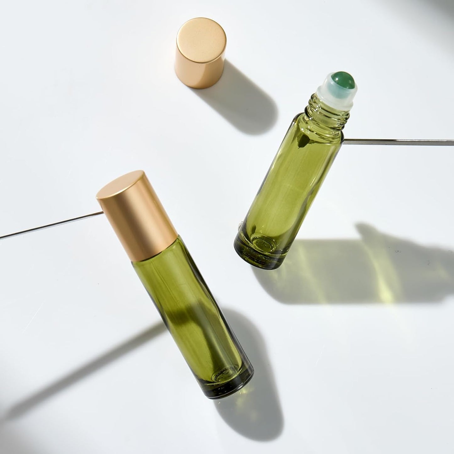 Green Aventurine Quartz Roller Bottles - 10ml Amber Glass Essential Oil Rollers | Leak-Proof Travel Size (Olive Green)