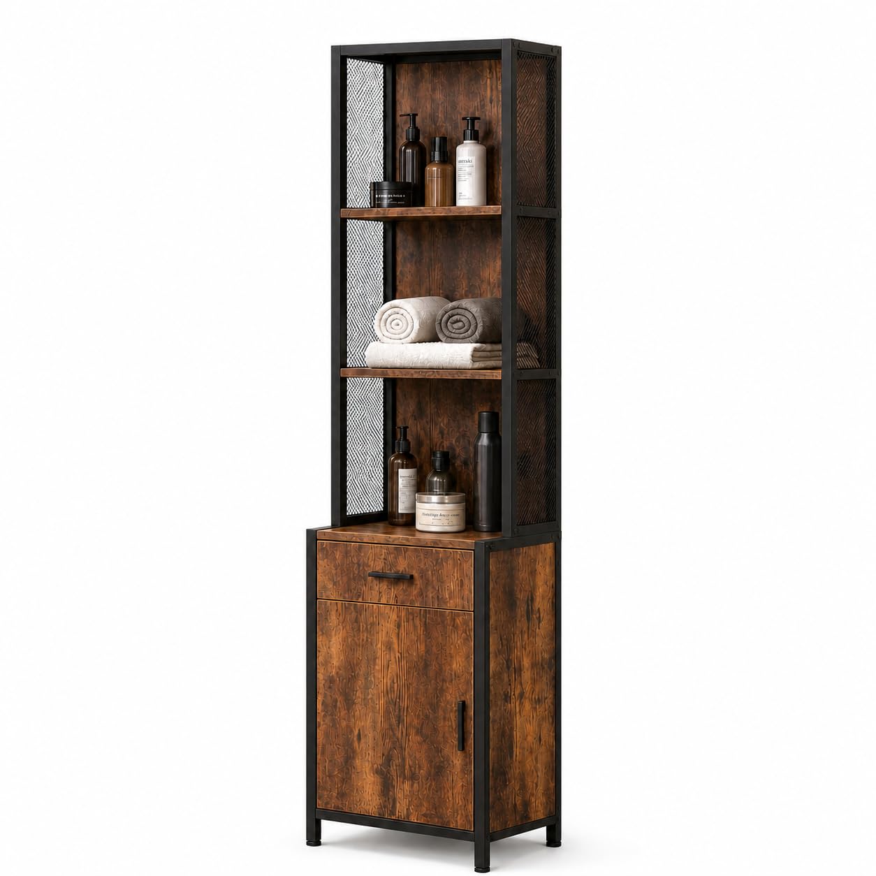 RESHABLE Industrial Salon Station with 3-Tier Storage Shelf, Cabinets and Storage for Hair Stylist, Beauty Spa Equipment, Rustic Brown