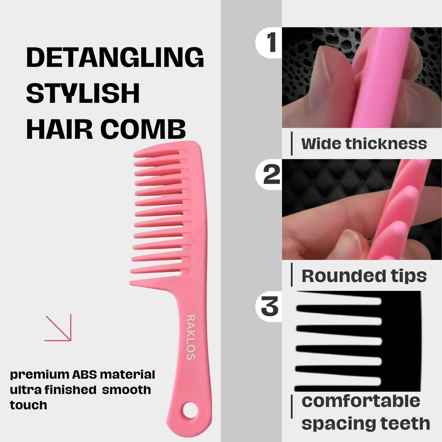 Wide Tooth Comb Hair Detangler - Curly Wet & Dry Hair Tool | Pink Color