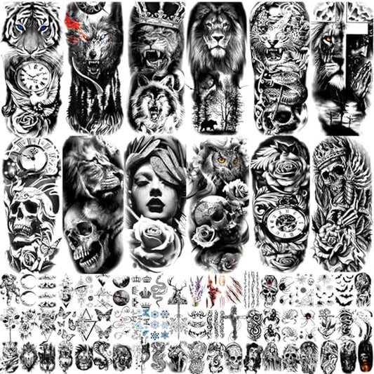 JEEFONNA 82 Sheets Temporary Tattoo for Men Women Adults, Include 12 Sheets Black 3D Half Sleeve Temporary Tattoos, Halloween Tattoos Scary Lion Wolf Tiger Skull Skeleton Tattoos Stickers