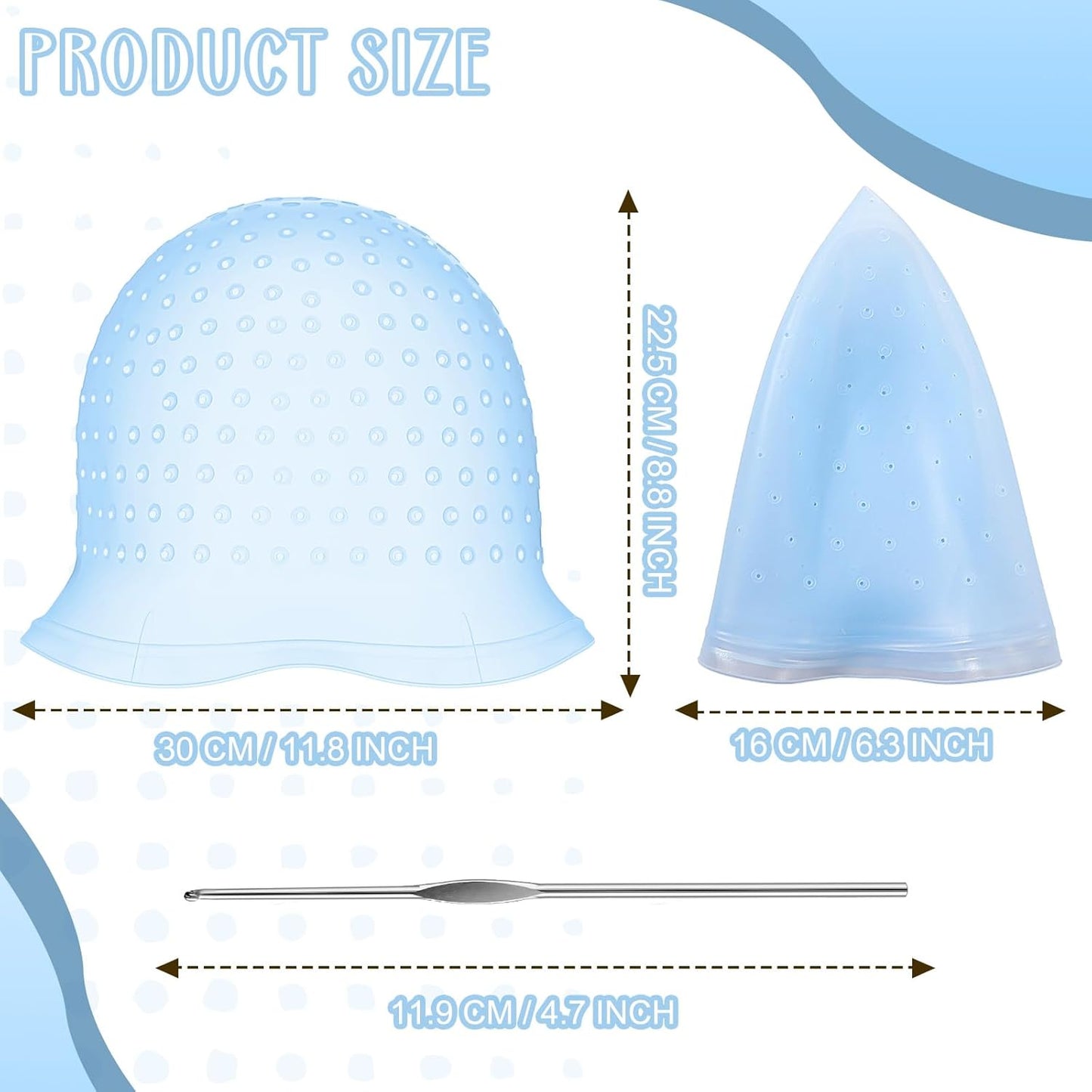 Hair Coloring Highlighting Cap - Reusable Silicone with Holes & Hook | 2 Pcs Set (Blue)