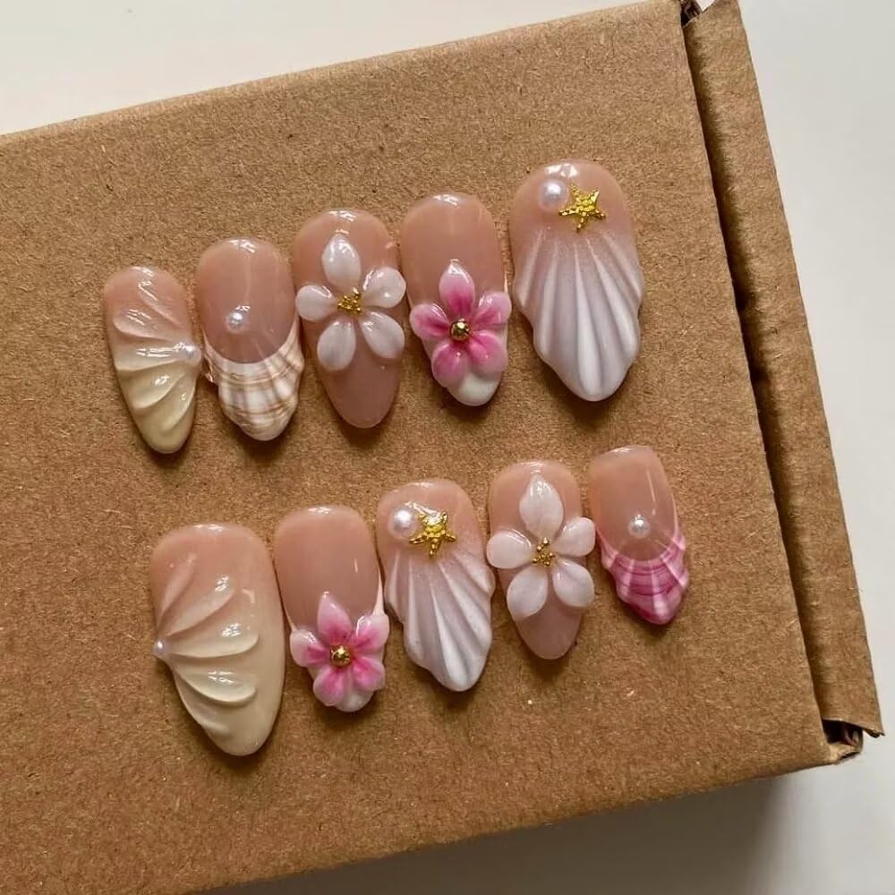 Press On Almond Nails - Handmade 3D Design, Thick Acrylic Gel | Reusable DIY Artificial Nails for Women (10 Pieces)