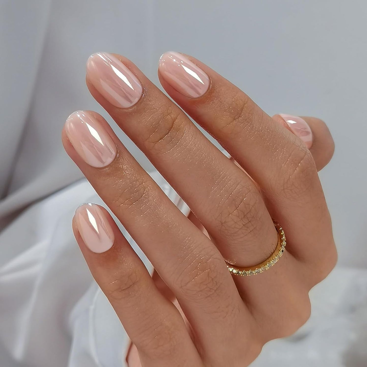 Chrome Press On Nails - Oval Soft Gel Nude Short for Women | 32 Reusable Glossy Glue-On Nails in 16 Sizes