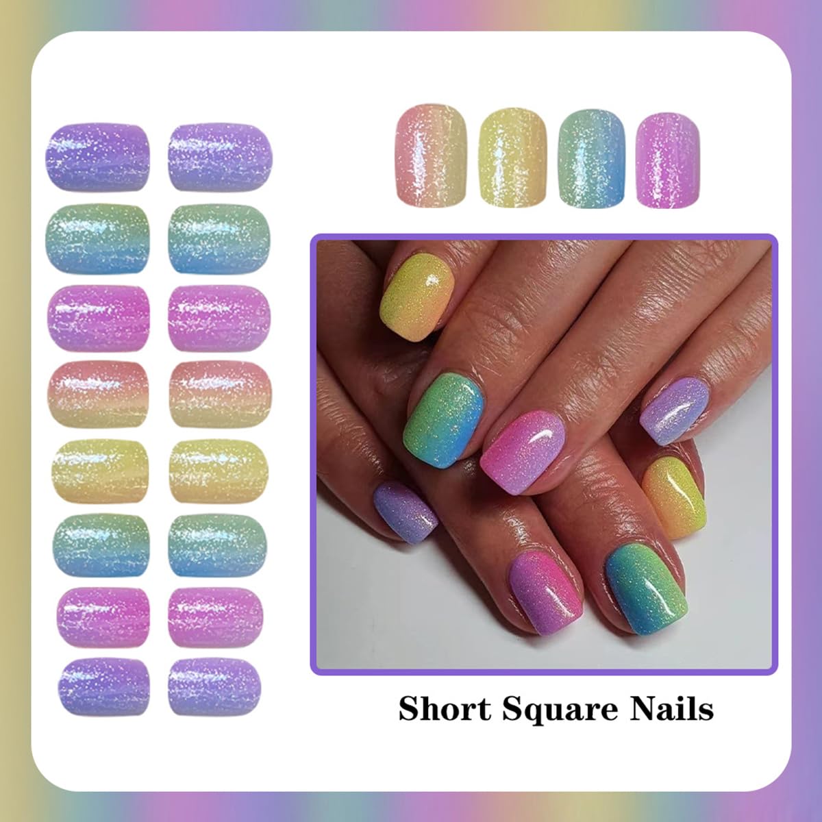 Summer Ombre Press-On Nails | Short Square Acrylic Nail Tips in Rainbow Colors - 24 Pcs Reusable Full Cover Set