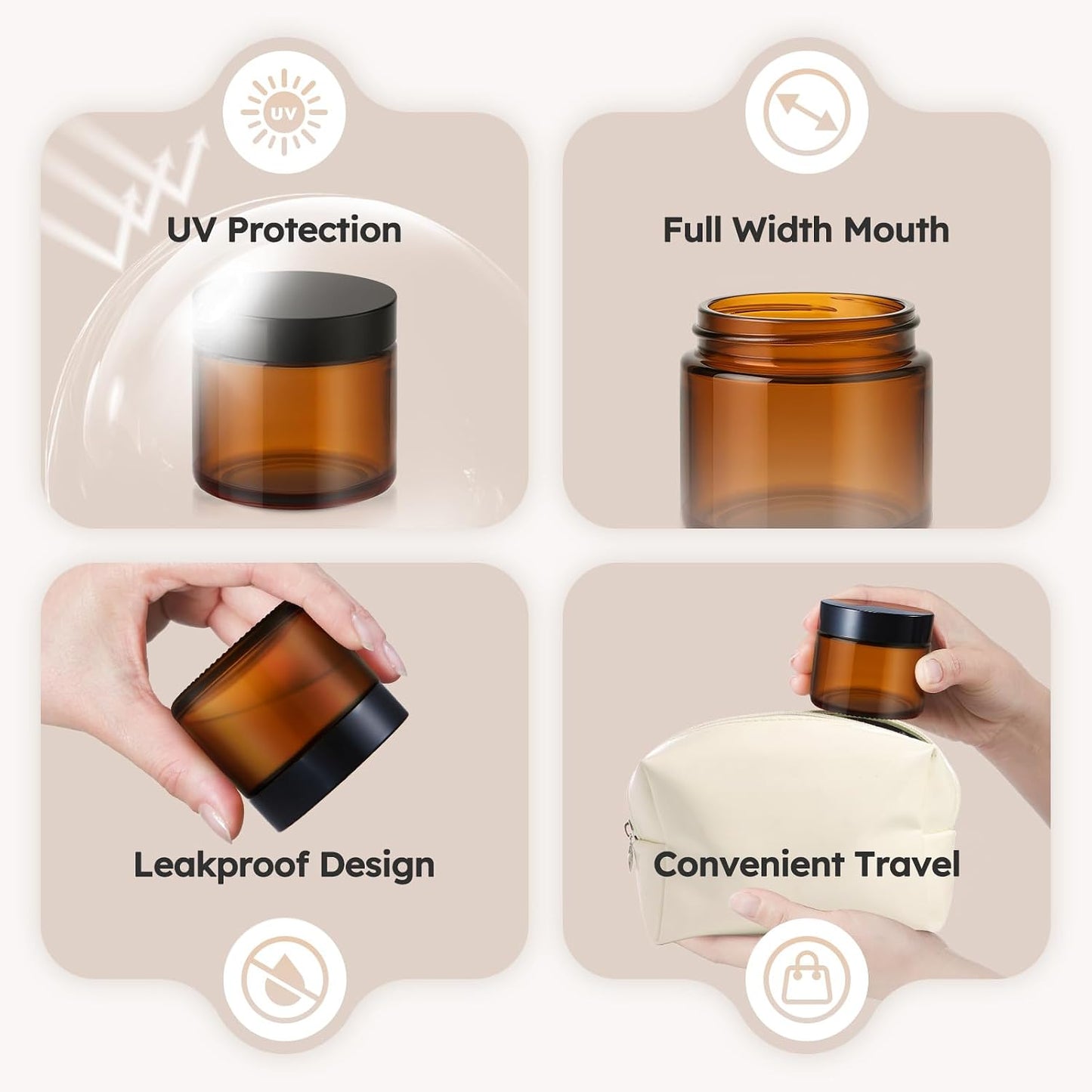 Amber Glass Jars - 2 oz Leakproof Containers with Black Lids | 36 Pack for Lotions, Powders & Candle Making