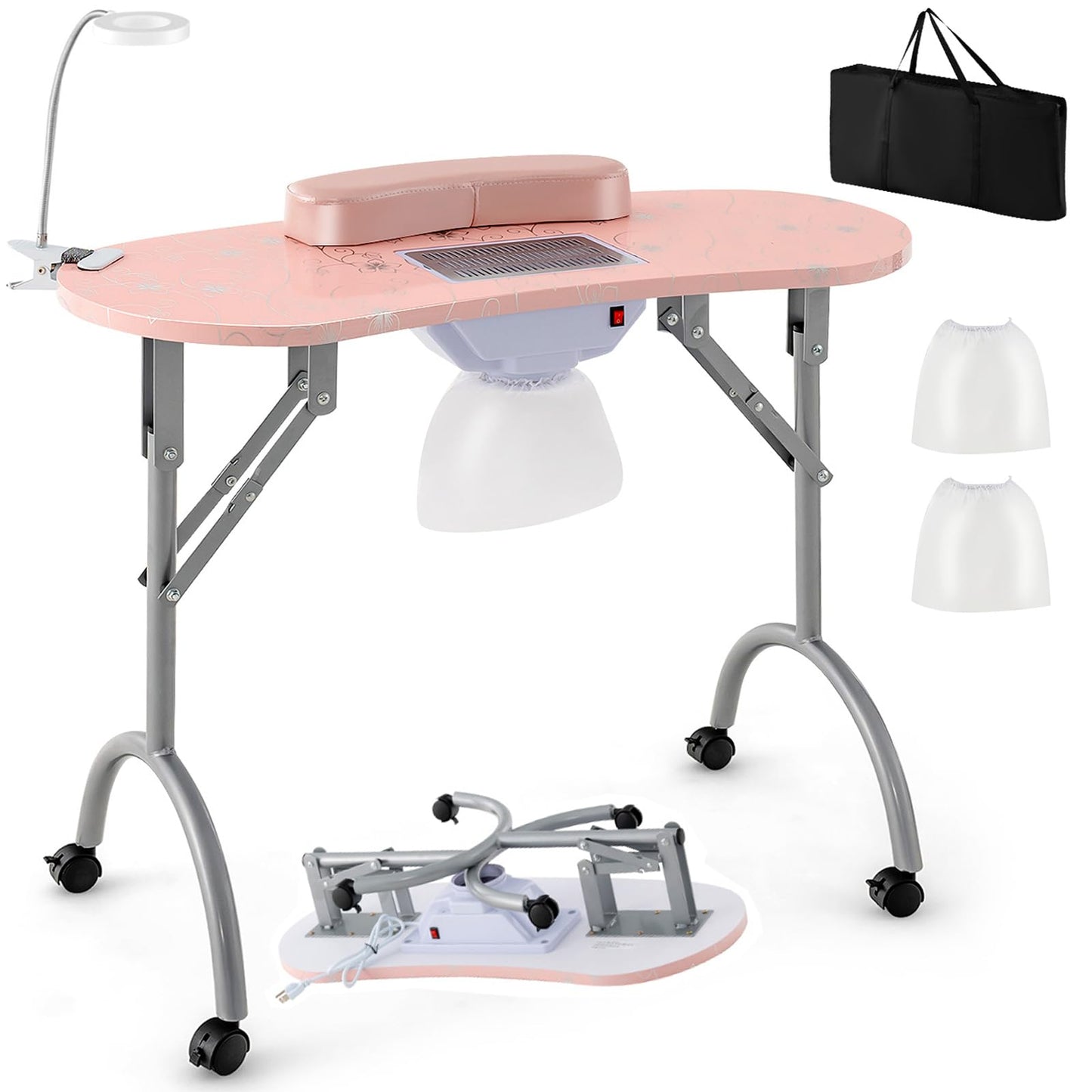 Giantex Nail Table for Nail Tech, Portable Manicure Table with Electric Dust Collector, USB-Plug LED Lamp, Wrist Rest, 4 Lockable Wheels, Foldable Nail Desk with Carry Bag (Pink)