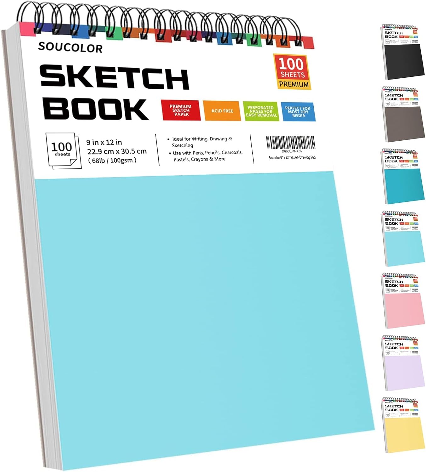 Soucolor Sketch Book - 9" x 12" Top Spiral Bound, 100 Sheets Acid-Free Drawing Paper | Ideal for Kids, Adults & Artists