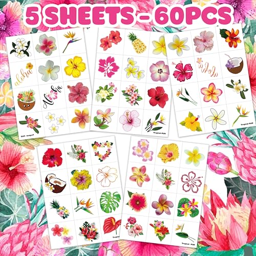 60 PCS Tropical Flower Hawaiian Temporary Tattoos for Parties
