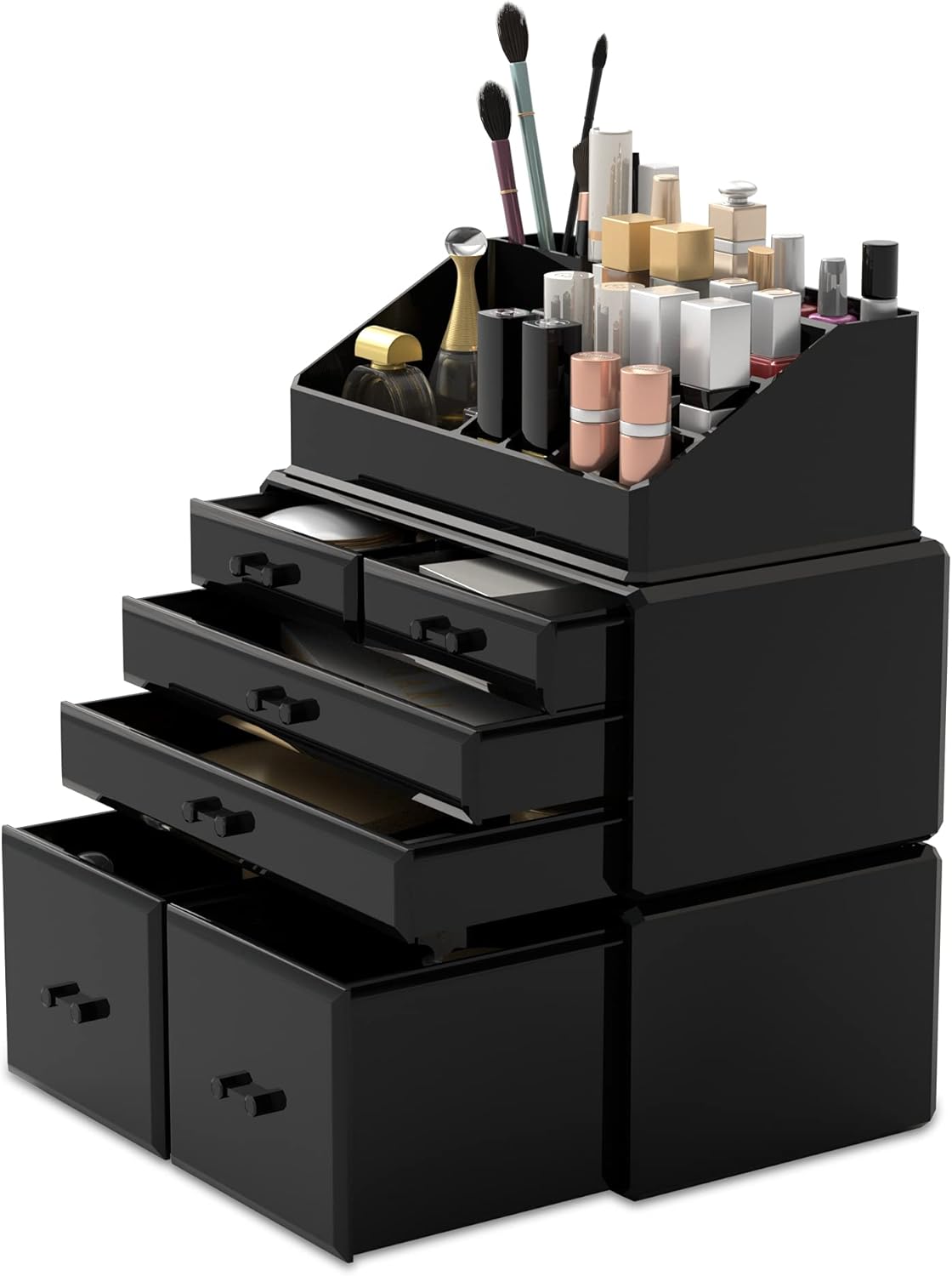 Makeup Organizer - 3-Piece Cosmetic Storage Case with 6 Drawers | Stylish Black Design