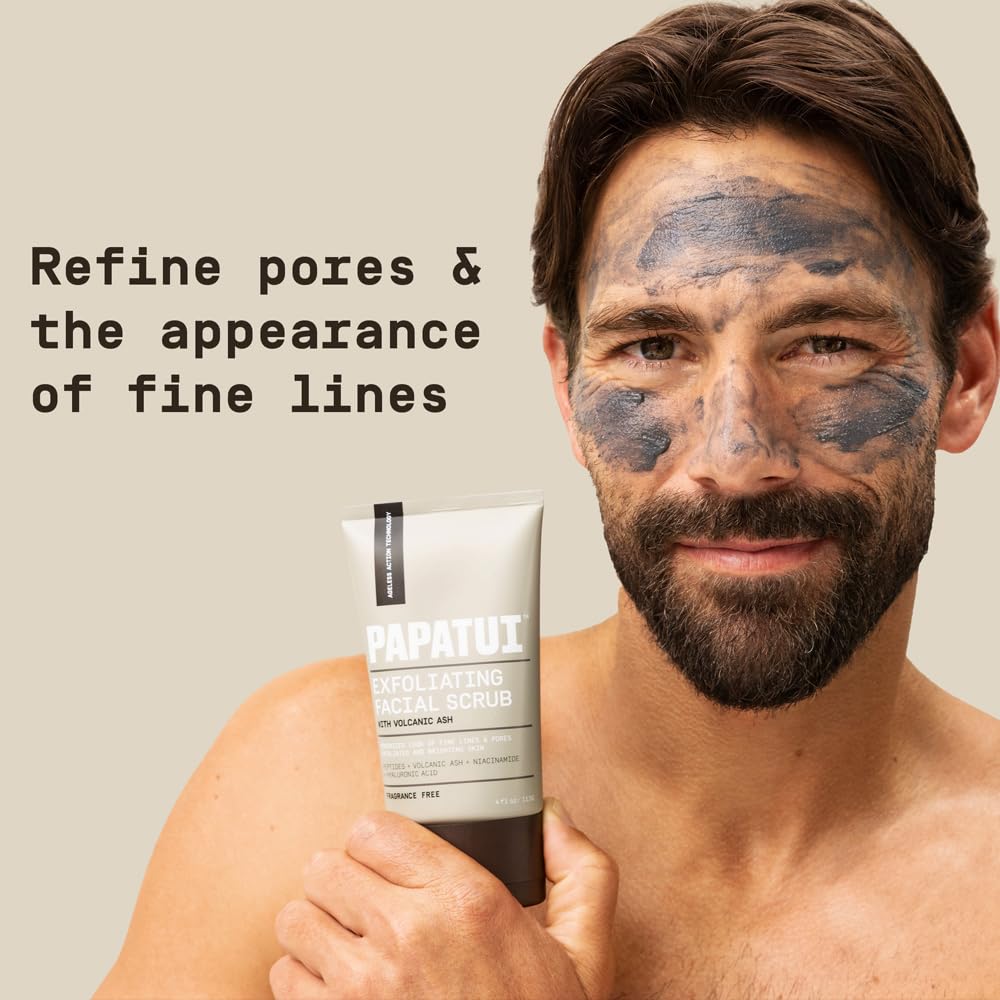 Men's Face Exfoliating Scrub - Unscented Facial Cleanser with Peptides & Volcanic Ash | Smooths Skin Texture, 4 oz