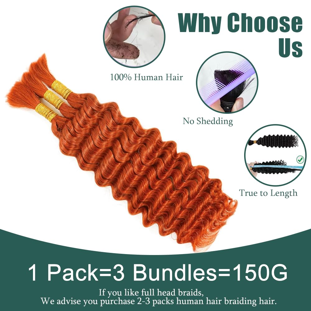 Ginger Boho Human Hair Deep Wave Boho Braids Ginger Orange Braiding Hair 14 14 inch Deep Wave Boho Braids 2 Bundles Orange Color 100g/Pack