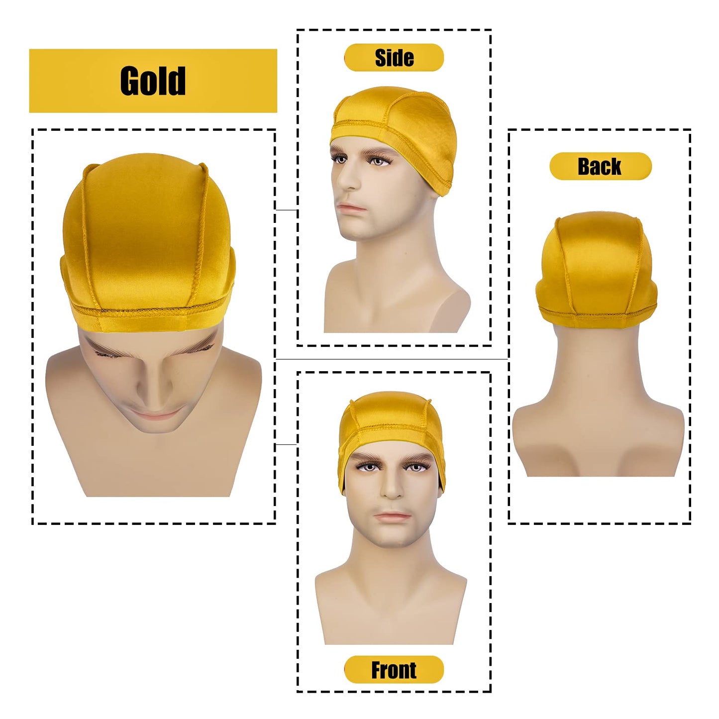 2PCS Silky Wave Caps for Men Waves, Good Compression Caps Over Durags for 360 Waves, Ideal Gifts for Farther's Day (Black+Gold)