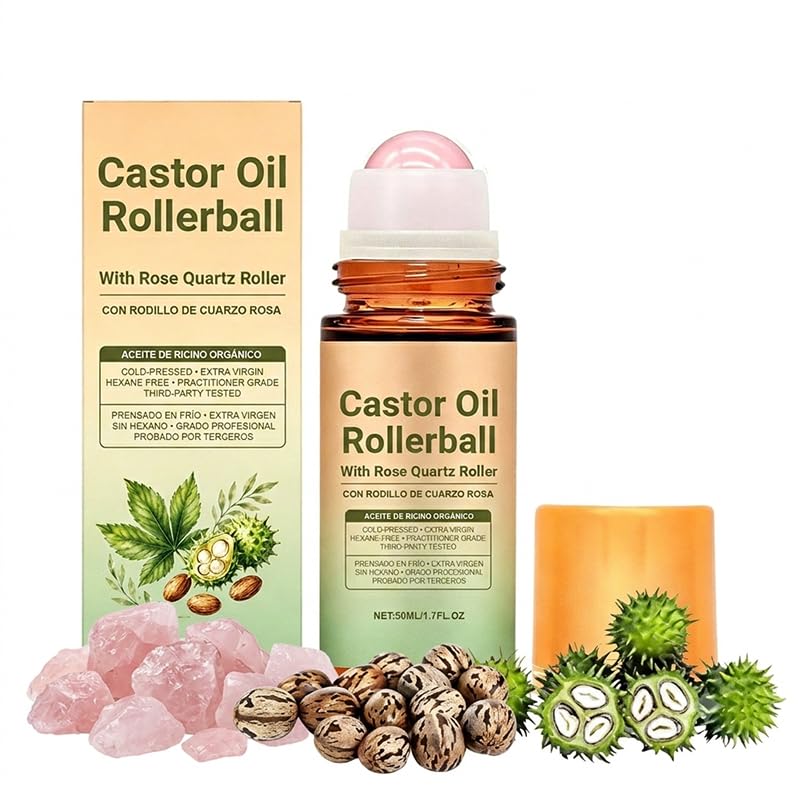 Castor Oil Rose Quartz Roller - Organic Cold Pressed Moisturizing Oil for Face, Body & Hair | 1 Roller